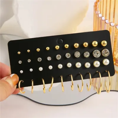 Mixed Metal Ball Heart Pearl Cuff Earrings Set (20 Pairs)